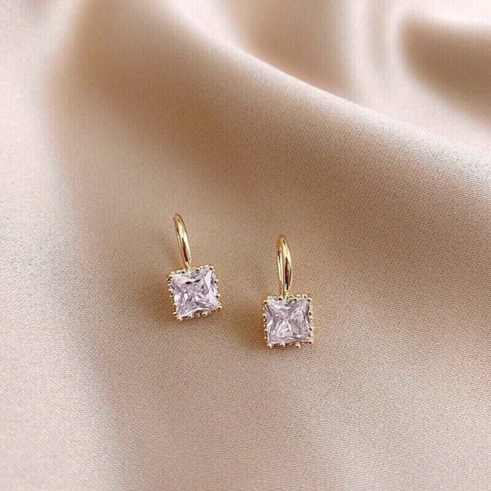 Gold-Tone Square CZ Drop Earrings - Sparkling Clear Stones - Picture 3 of 5